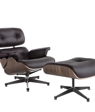 Klassieke Draaibare Lounge Fauteuil – Walnoothout & Donkerbruine Koeienhuid, 360° Rotatie