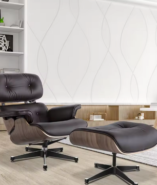 Klassieke Draaibare Lounge Fauteuil – Walnoothout & Donkerbruine Koeienhuid, 360° Rotatie