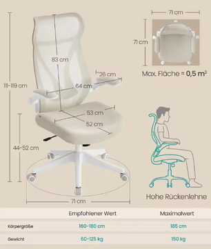 Ergonomische Bureaustoel Ivoor – Opklapbare Armleuningen – Met Hoofdsteun