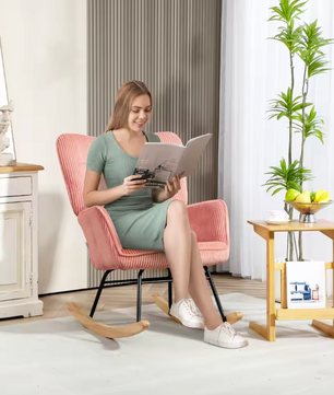 Schommelstoel met Armleuningen – Comfortabel Design van Beukenhout & Staal, Roze Lamswollook