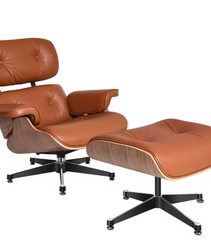 Klassieke Lounge Fauteuil – Walnoothout & Lichtbruine Natuurlijke Koeienhuid, Grote Voet