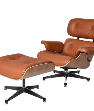 Klassieke Lounge Fauteuil – Walnoothout & Lichtbruine Natuurlijke Koeienhuid, Grote Voet