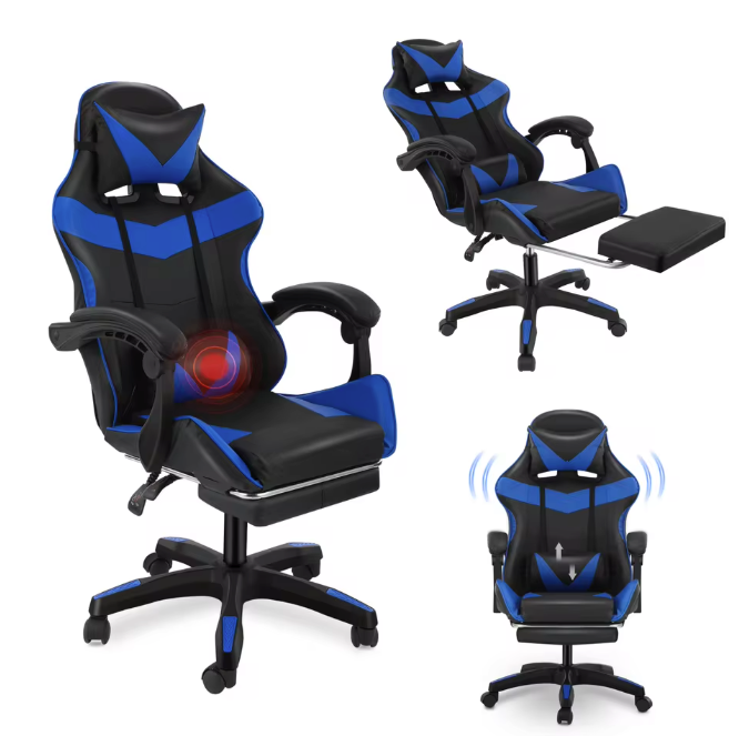 Massage Gamingstoel met Voetsteun – Verstelbaar, Ergonomisch & Draaibaar, Inclusief Lendenmassage en Hoofdsteun