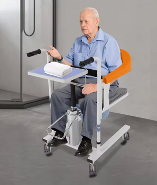 Hydraulische Verpleegstoel – In Hoogte Verstelbaar met 180° Rugleuning & Emmer, Oranje