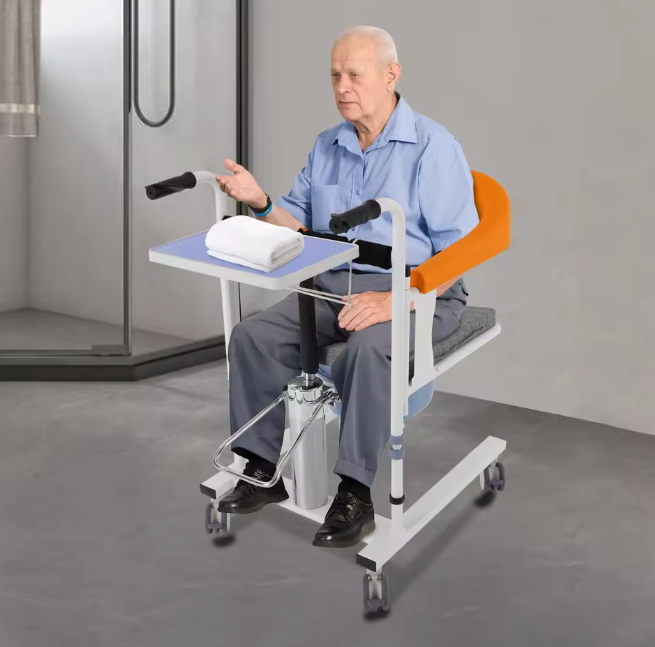 Hydraulische Verpleegstoel – In Hoogte Verstelbaar met 180° Rugleuning & Emmer, Oranje