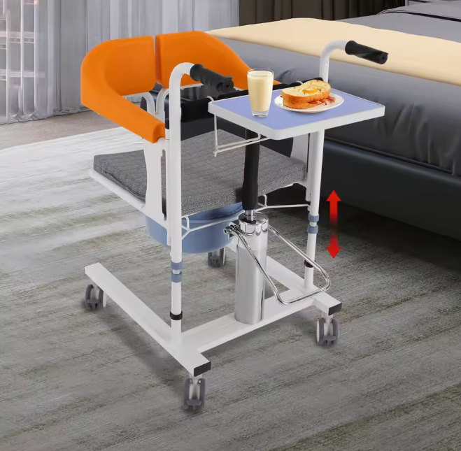 Hydraulische Verpleegstoel – In Hoogte Verstelbaar met 180° Rugleuning & Emmer, Oranje