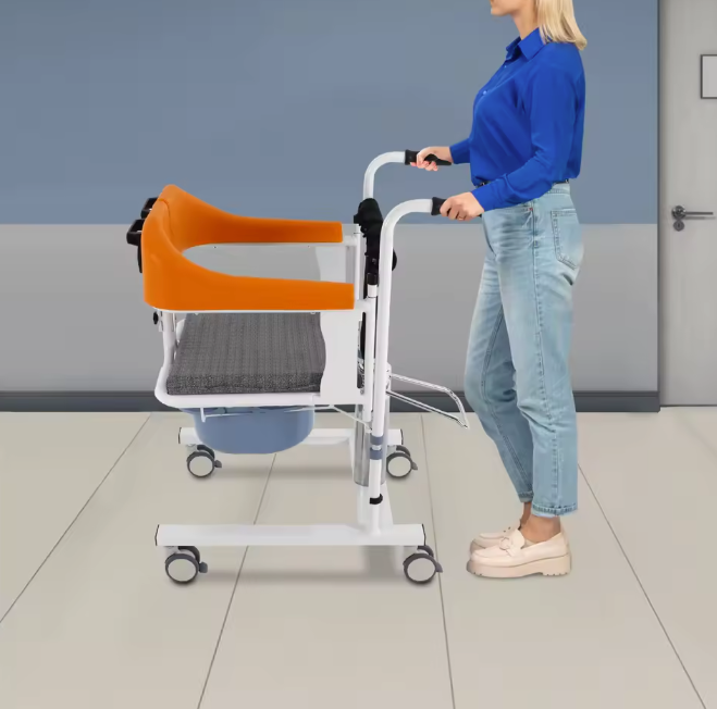 Hydraulische Verpleegstoel – In Hoogte Verstelbaar met 180° Rugleuning & Emmer, Oranje