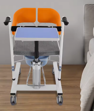 Hydraulische Verpleegstoel – In Hoogte Verstelbaar met 180° Rugleuning & Emmer, Oranje