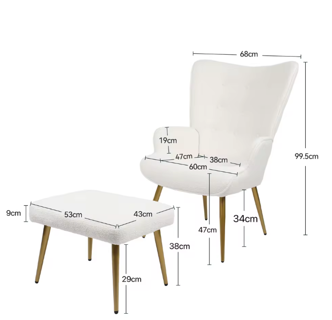 Fauteuil met Kruk – Witte Lamswollen Bekleding & Gouden Poten, Modern en Comfortabel