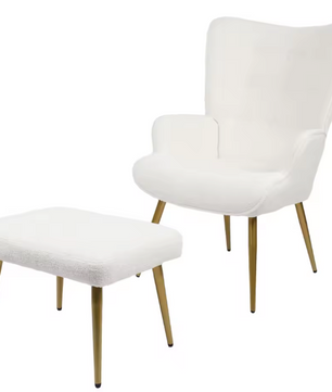 Fauteuil met Kruk – Witte Lamswollen Bekleding & Gouden Poten, Modern en Comfortabel