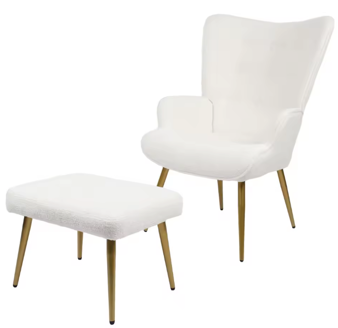 Fauteuil met Kruk – Witte Lamswollen Bekleding & Gouden Poten, Modern en Comfortabel