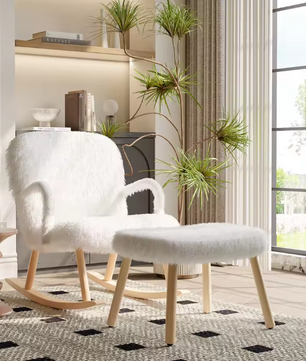 Schommelstoel met Voetensteun – Comfort & Design – Fauteuil Wit met Hout