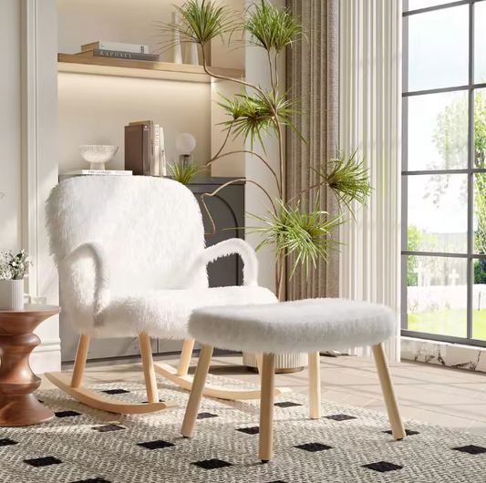 Schommelstoel met Voetensteun – Comfort & Design – Fauteuil Wit met Hout