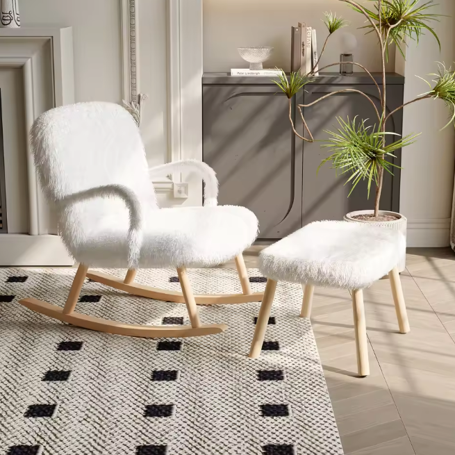 Schommelstoel met Voetensteun – Comfort & Design – Fauteuil Wit met Hout