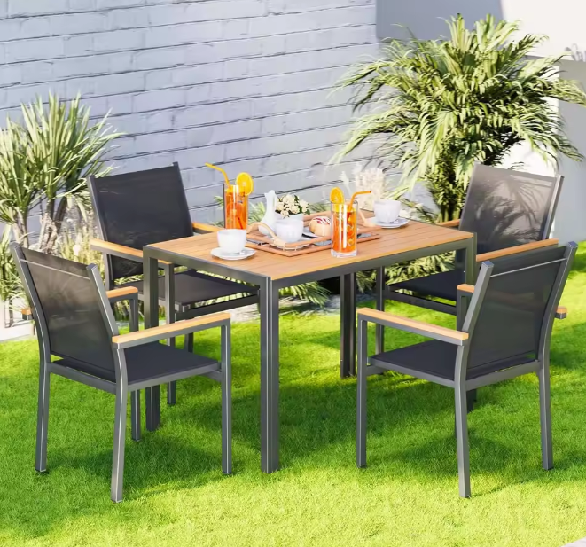 Set van 4 Stapelbare Tuinstoelen – Aluminium & Textileen met WPC-Leuningen