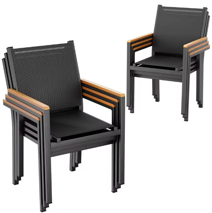 Set van 4 Stapelbare Tuinstoelen – Aluminium & Textileen met WPC-Leuningen