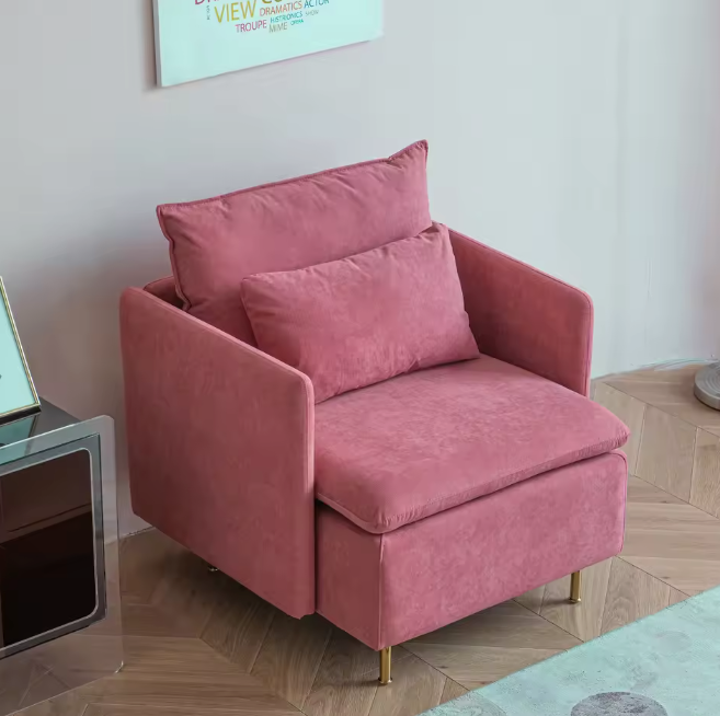 Gestoffeerde Stoel – Roze Linnen Fauteuil – Moderne Accentstoel met Kussen