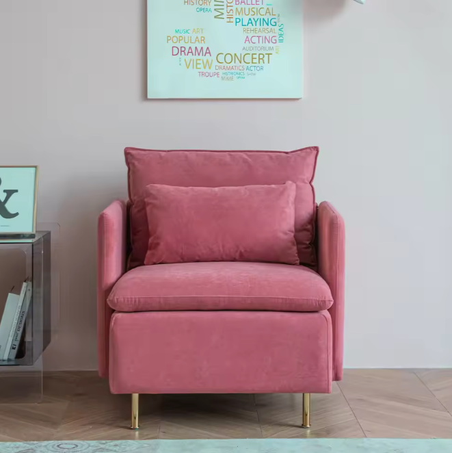 Gestoffeerde Stoel – Roze Linnen Fauteuil – Moderne Accentstoel met Kussen