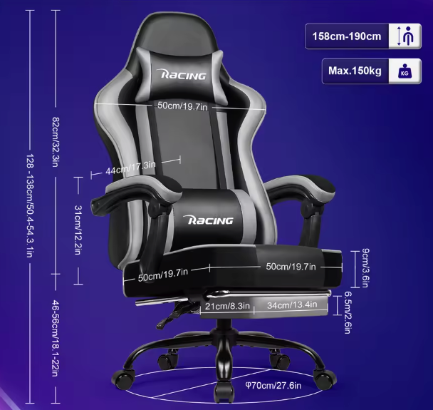 Ergonomische Gamingstoel – Verstelbaar, Voetsteun, 150 kg
