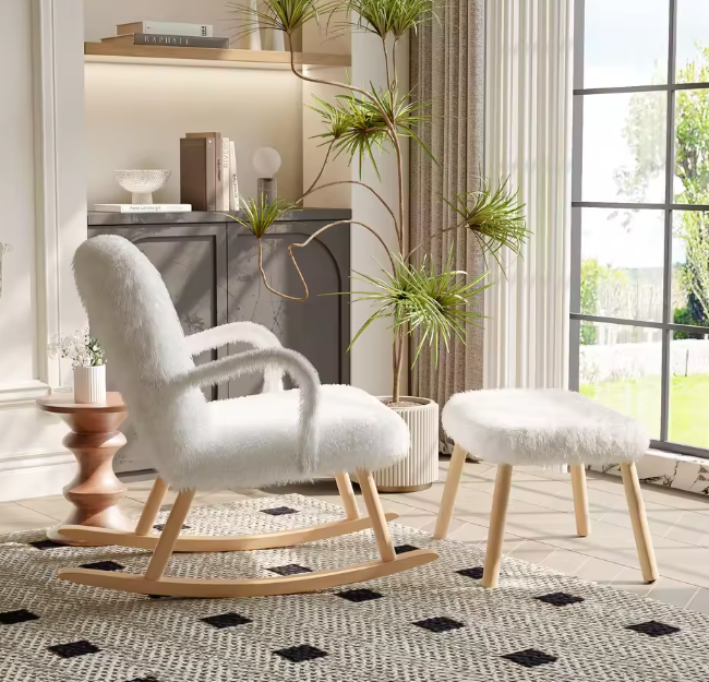 Schommelstoel van Teddystof met Poef – Ergonomisch & Comfort