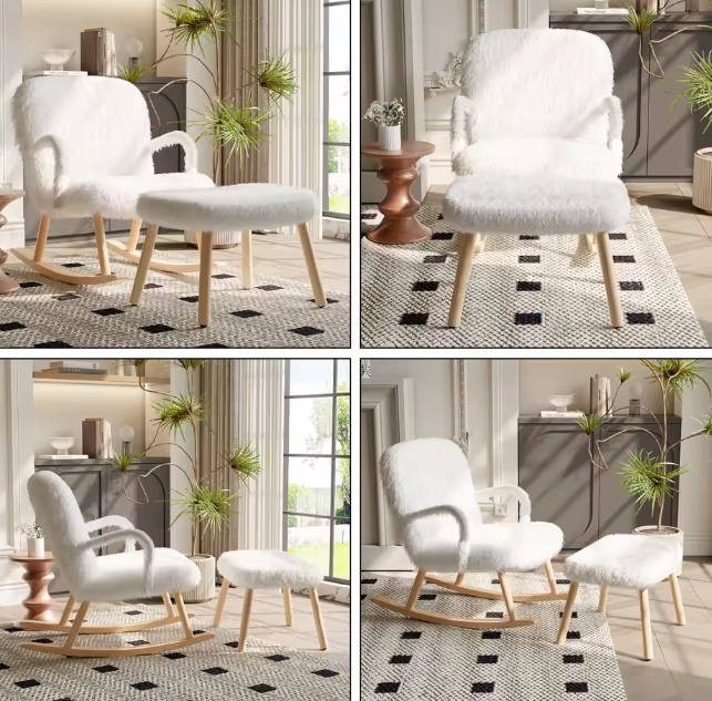 Schommelstoel van Teddystof met Poef – Ergonomisch & Comfort