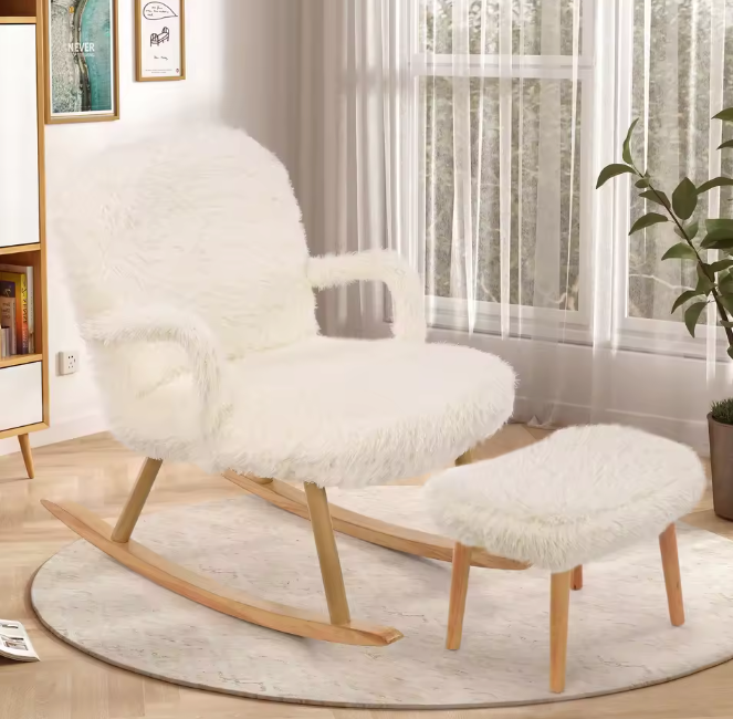 Schommelstoel van Teddystof met Poef – Ergonomisch & Comfort