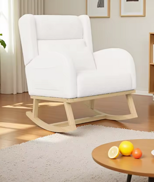Witte Schommelstoel met Zakken – Zachte Lamsfleece & Houten Onderstel, Comfortabel en Stijlvol