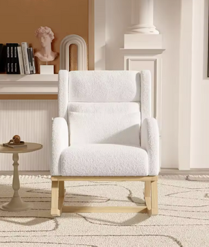 Witte Schommelstoel met Zakken – Zachte Lamsfleece & Houten Onderstel, Comfortabel en Stijlvol