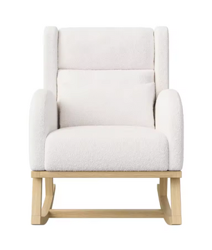 Witte Schommelstoel met Zakken – Zachte Lamsfleece & Houten Onderstel, Comfortabel en Stijlvol