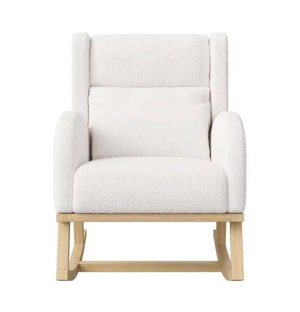 Witte Schommelstoel met Zakken – Zachte Lamsfleece & Houten Onderstel, Comfortabel en Stijlvol