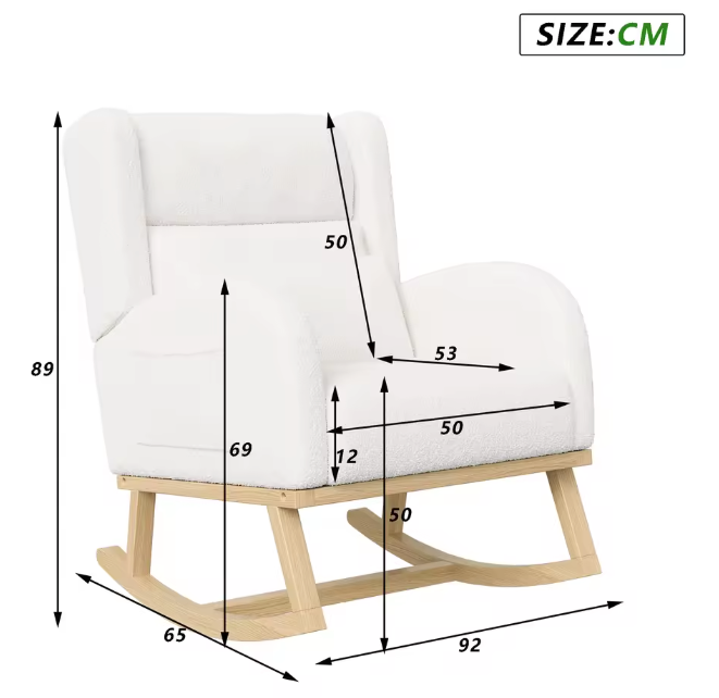 Witte Schommelstoel met Zakken – Zachte Lamsfleece & Houten Onderstel, Comfortabel en Stijlvol