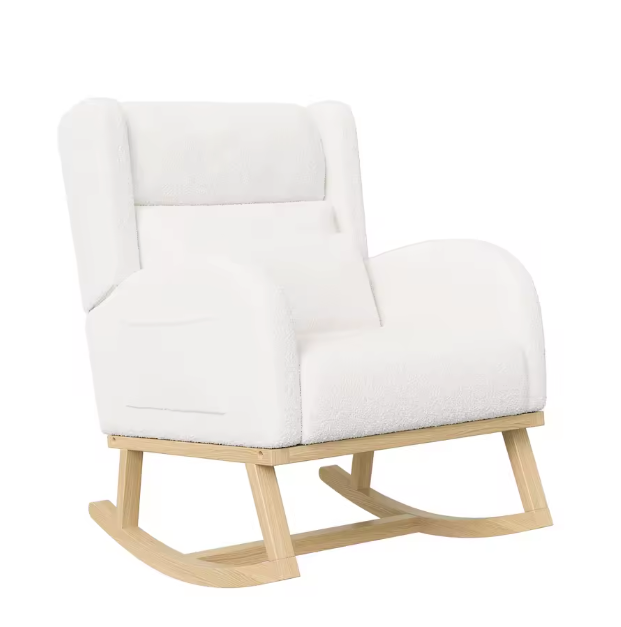 Witte Schommelstoel met Zakken – Zachte Lamsfleece & Houten Onderstel, Comfortabel en Stijlvol