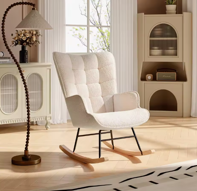 Beige Teddy Schommelstoel – Ergonomisch met Houten Onderstel
