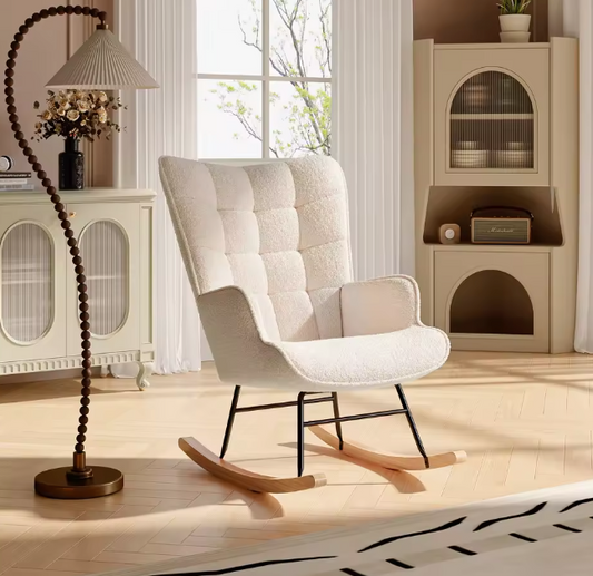 Beige Teddy Schommelstoel – Ergonomisch met Houten Onderstel