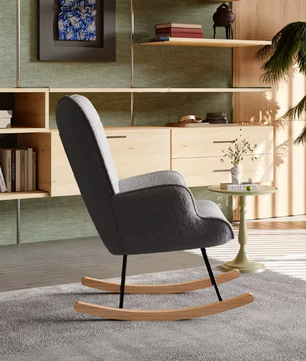 Luxe Schommelstoel Teddyfluweel Grijs – Hoge Rug & Armleuningen
