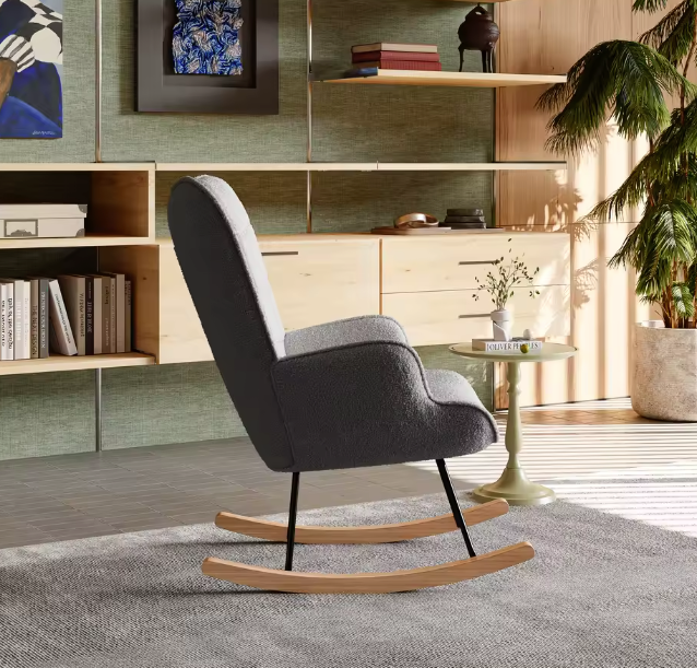 Luxe Schommelstoel Teddyfluweel Grijs – Hoge Rug & Armleuningen