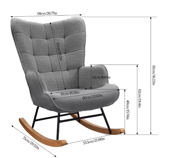 Luxe Schommelstoel Teddyfluweel Grijs – Hoge Rug & Armleuningen