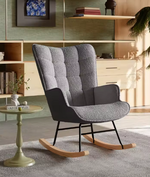 Luxe Schommelstoel Teddyfluweel Grijs – Hoge Rug & Armleuningen
