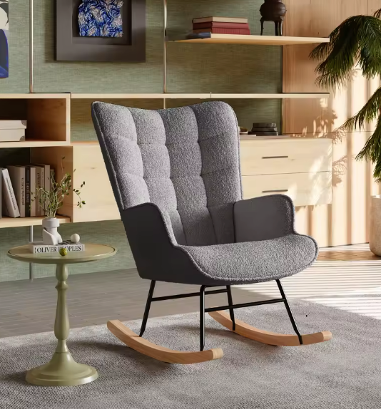 Luxe Schommelstoel Teddyfluweel Grijs – Hoge Rug & Armleuningen