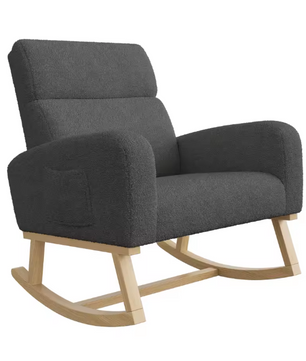 Schommelstoel in Mid-Century Stijl Donkergrijs – Gestoffeerde Relaxstoel met Hoge Rug, Armleuningen & Massief Houten Onderstel
