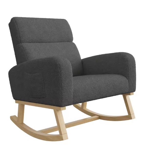 Schommelstoel in Mid-Century Stijl Donkergrijs – Gestoffeerde Relaxstoel met Hoge Rug, Armleuningen & Massief Houten Onderstel