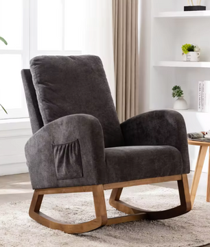 Schommelstoel in Mid-Century Stijl Donkergrijs – Gestoffeerde Relaxstoel met Hoge Rug, Armleuningen & Massief Houten Onderstel
