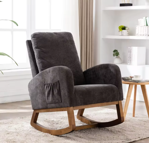 Schommelstoel in Mid-Century Stijl Donkergrijs – Gestoffeerde Relaxstoel met Hoge Rug, Armleuningen & Massief Houten Onderstel