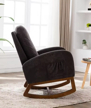 Schommelstoel in Mid-Century Stijl Donkergrijs – Gestoffeerde Relaxstoel met Hoge Rug, Armleuningen & Massief Houten Onderstel