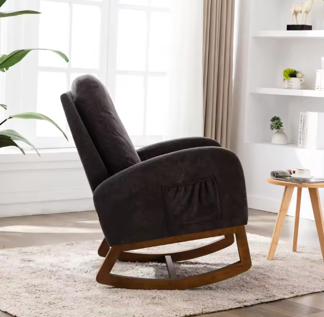 Schommelstoel in Mid-Century Stijl Donkergrijs – Gestoffeerde Relaxstoel met Hoge Rug, Armleuningen & Massief Houten Onderstel