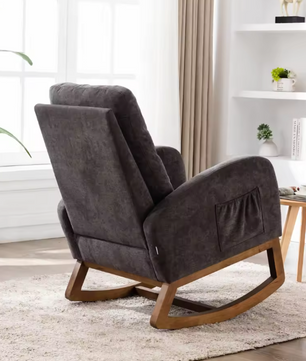 Schommelstoel in Mid-Century Stijl Donkergrijs – Gestoffeerde Relaxstoel met Hoge Rug, Armleuningen & Massief Houten Onderstel