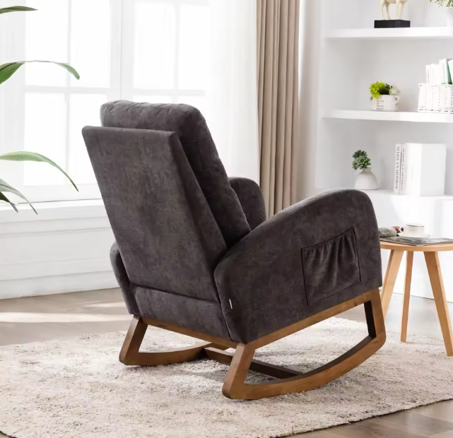 Schommelstoel in Mid-Century Stijl Donkergrijs – Gestoffeerde Relaxstoel met Hoge Rug, Armleuningen & Massief Houten Onderstel