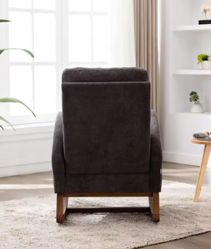 Schommelstoel in Mid-Century Stijl Donkergrijs – Gestoffeerde Relaxstoel met Hoge Rug, Armleuningen & Massief Houten Onderstel