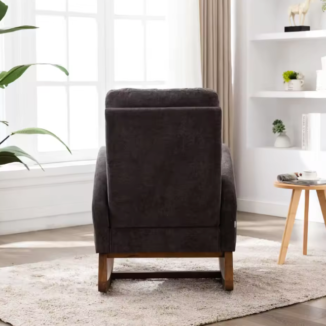 Schommelstoel in Mid-Century Stijl Donkergrijs – Gestoffeerde Relaxstoel met Hoge Rug, Armleuningen & Massief Houten Onderstel