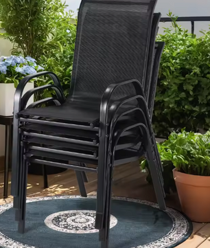 Set van 4 Stapelbare Tuinstoelen – Zwart – Staal & Teslin, 150 kg Belastbaar